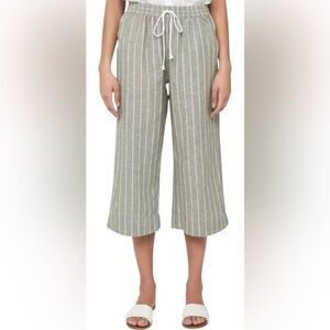 BeachLunchLounge Linen Blend Wide Leg Margot Cropped Pants- Olive White Striped